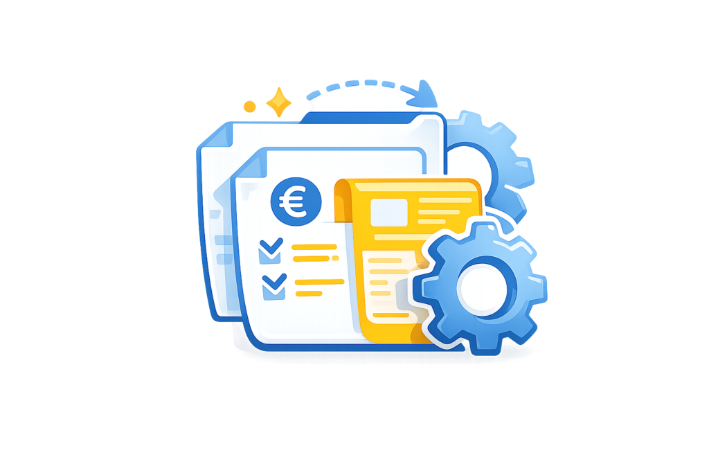 Icono de automatización administrativa con documentos, facturas y engranajes que representan procesos automáticos de gestión.