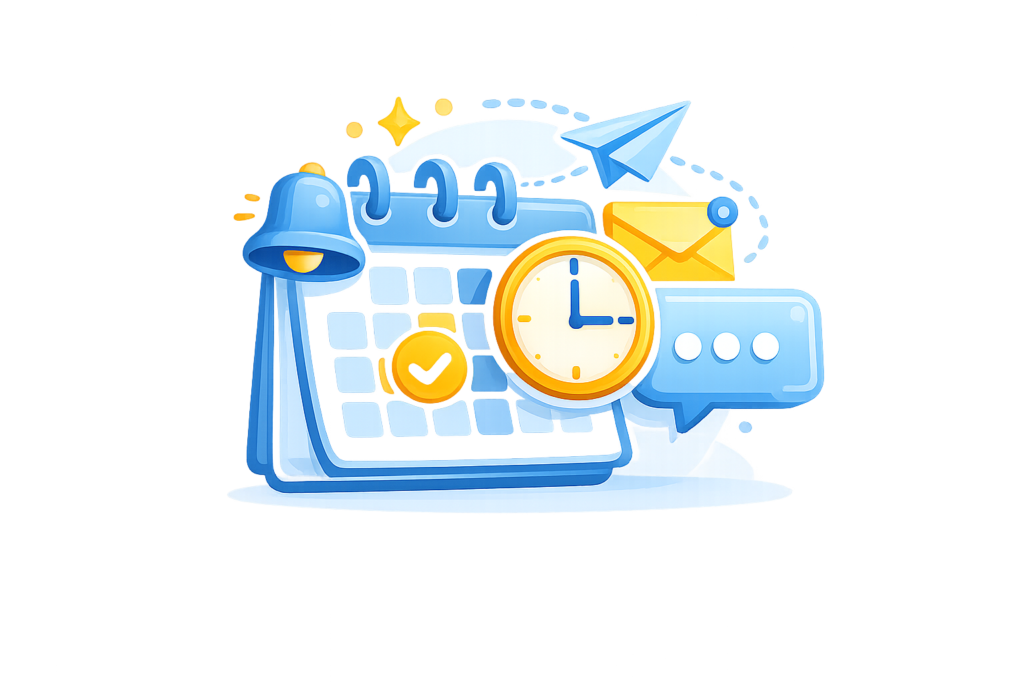 Icono de gestión de agenda y comunicación automática con recordatorios, citas y mensajes para clientes.