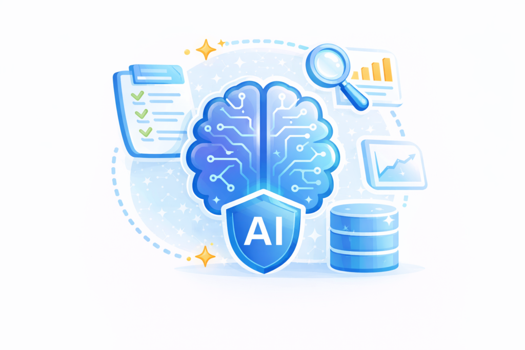 Icono de inteligencia artificial aplicada al negocio con análisis, protección de datos y apoyo a la toma de decisiones.