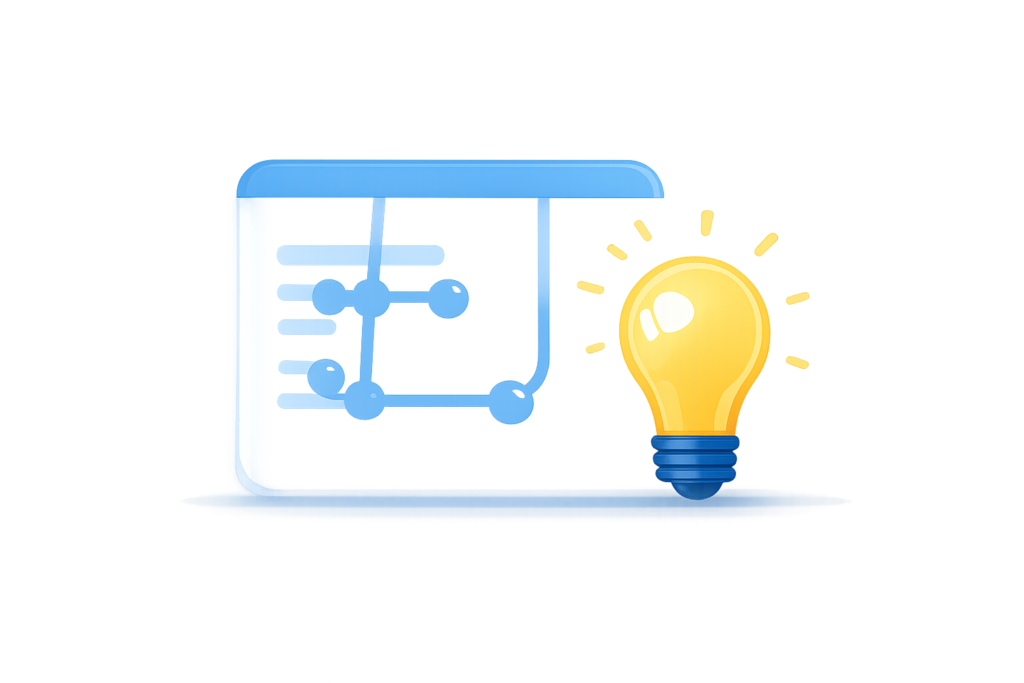 Icono de un diagrama de flujo junto a una bombilla encendida que representa ideas, planificación y diseño de procesos.
