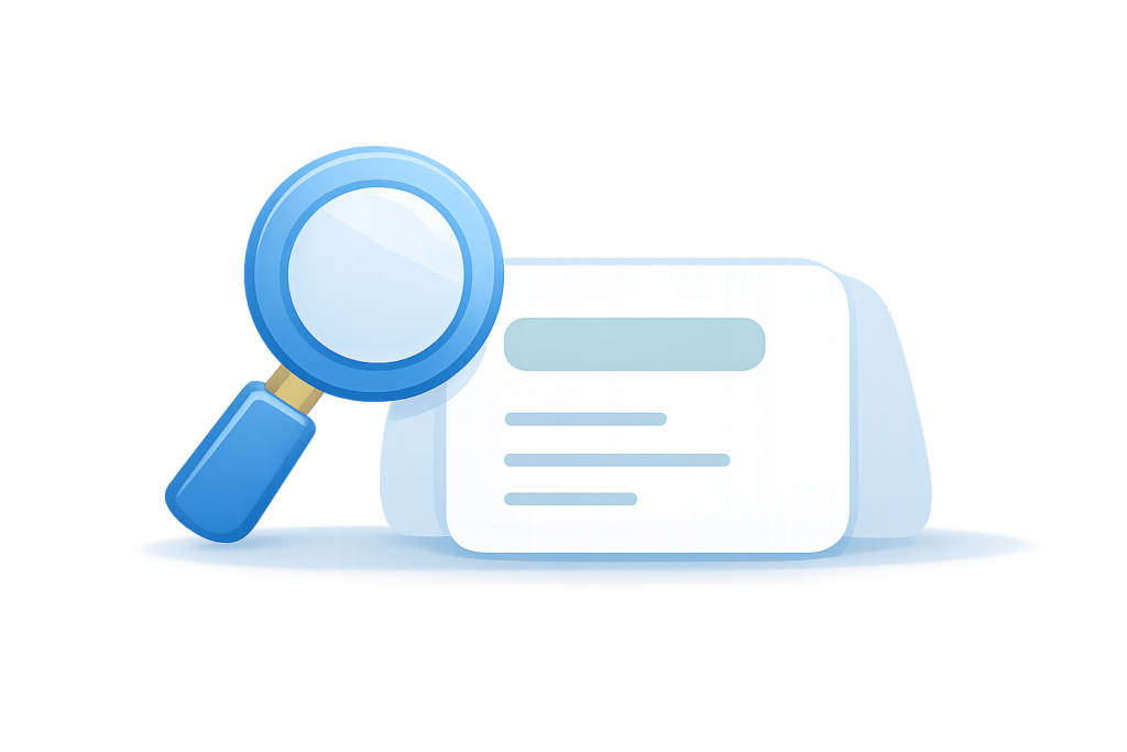Icono de una lupa azul analizando un documento, que representa búsqueda, revisión y análisis de información.