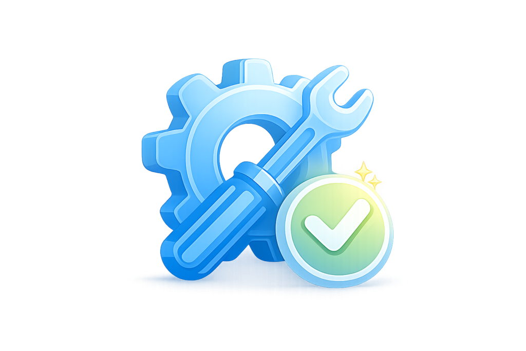 Icono de un engranaje con herramientas y un check verde que representa la implantación y correcto funcionamiento de un sistema.