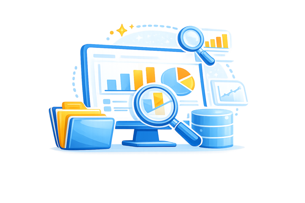Icono de datos claros y centralizados con información organizada, gráficos y análisis accesibles.