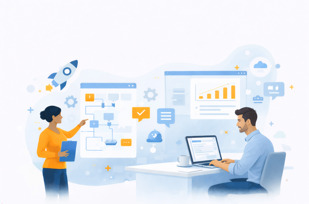 Ilustración de profesionales trabajando con sistemas claros, procesos automatizados y herramientas digitales bien organizadas.