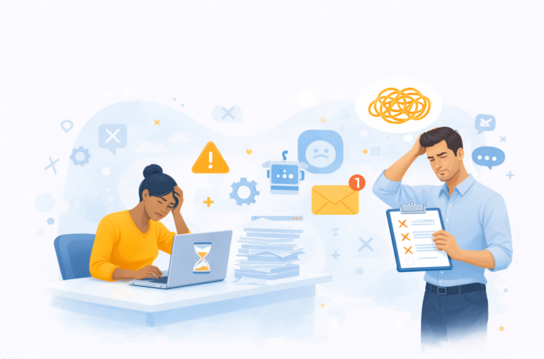 Ilustración de personas frustradas por procesos desordenados, exceso de tareas manuales y falta de claridad en el trabajo.